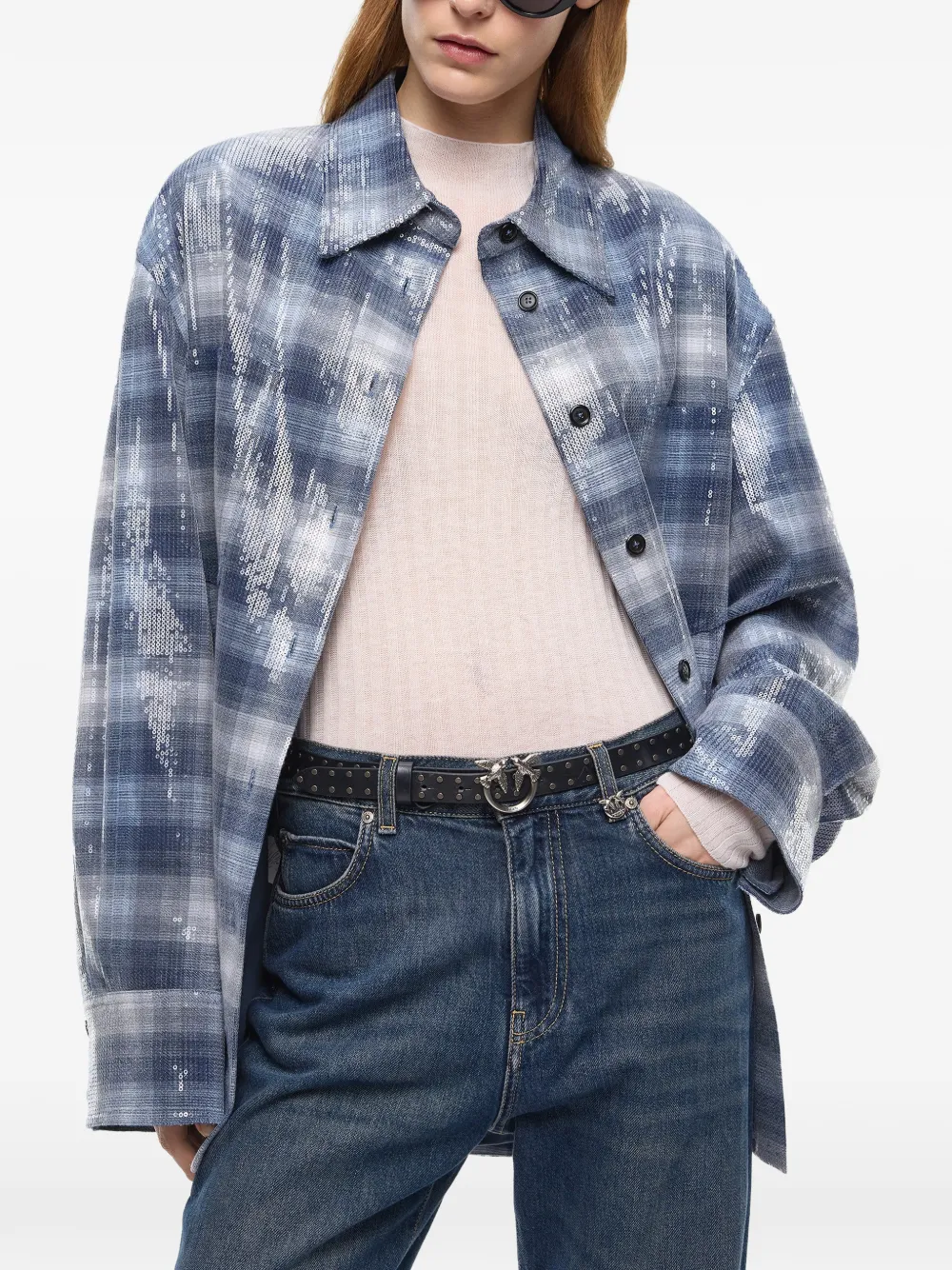 PINKO Shirtjack met geruit patroon en pailletten Blauw