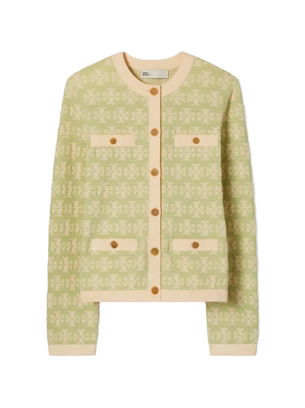 Tory Burch Logo-pattern Terry-cotton Cardigan In Green