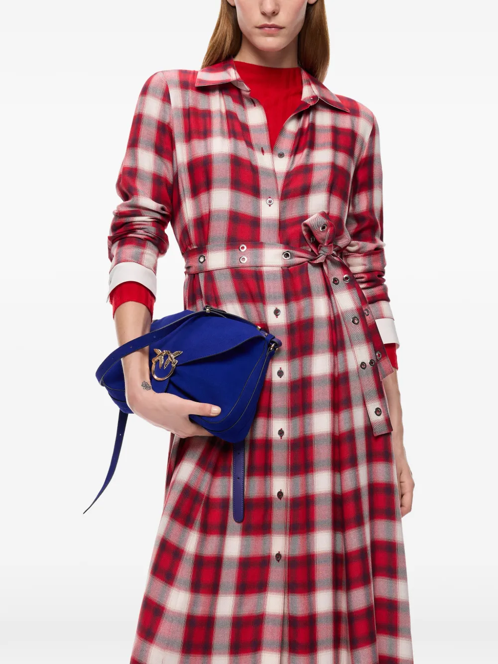 PINKO Lange blousejurk met geruit patroon en riem Rood