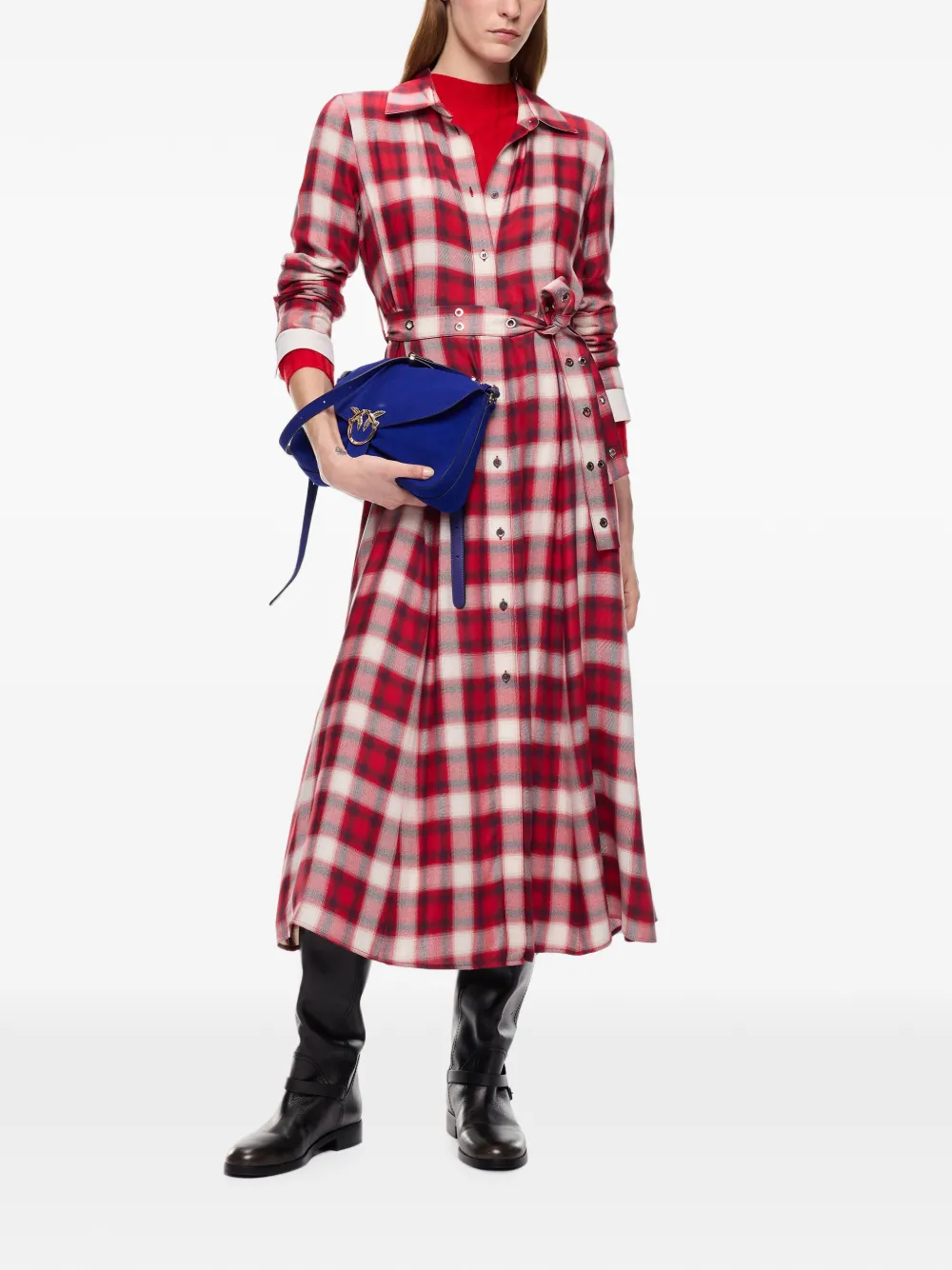 PINKO Lange blousejurk met geruit patroon en riem Rood