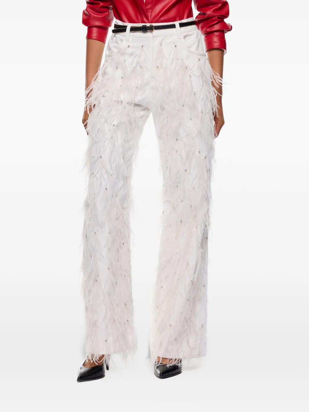 PINKO Broek verfraaid met kristallen en veren afwerking Beige