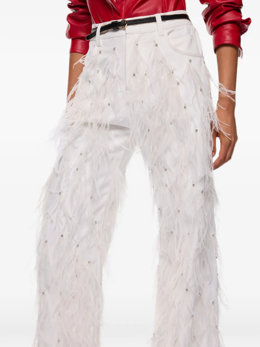 PINKO Broek verfraaid met kristallen en veren afwerking Beige