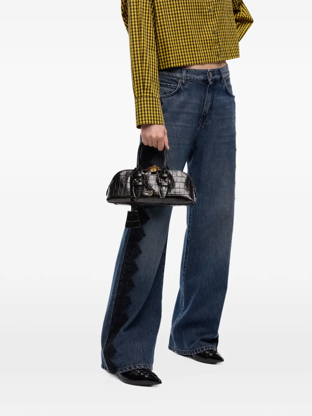 PINKO medium crocodile-print leather bag with gold polka dots Zwart