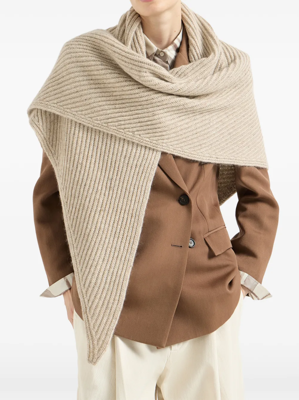 Brunello Cucinelli Ribgebreide sjaal van kasjmier wol en mohair Beige