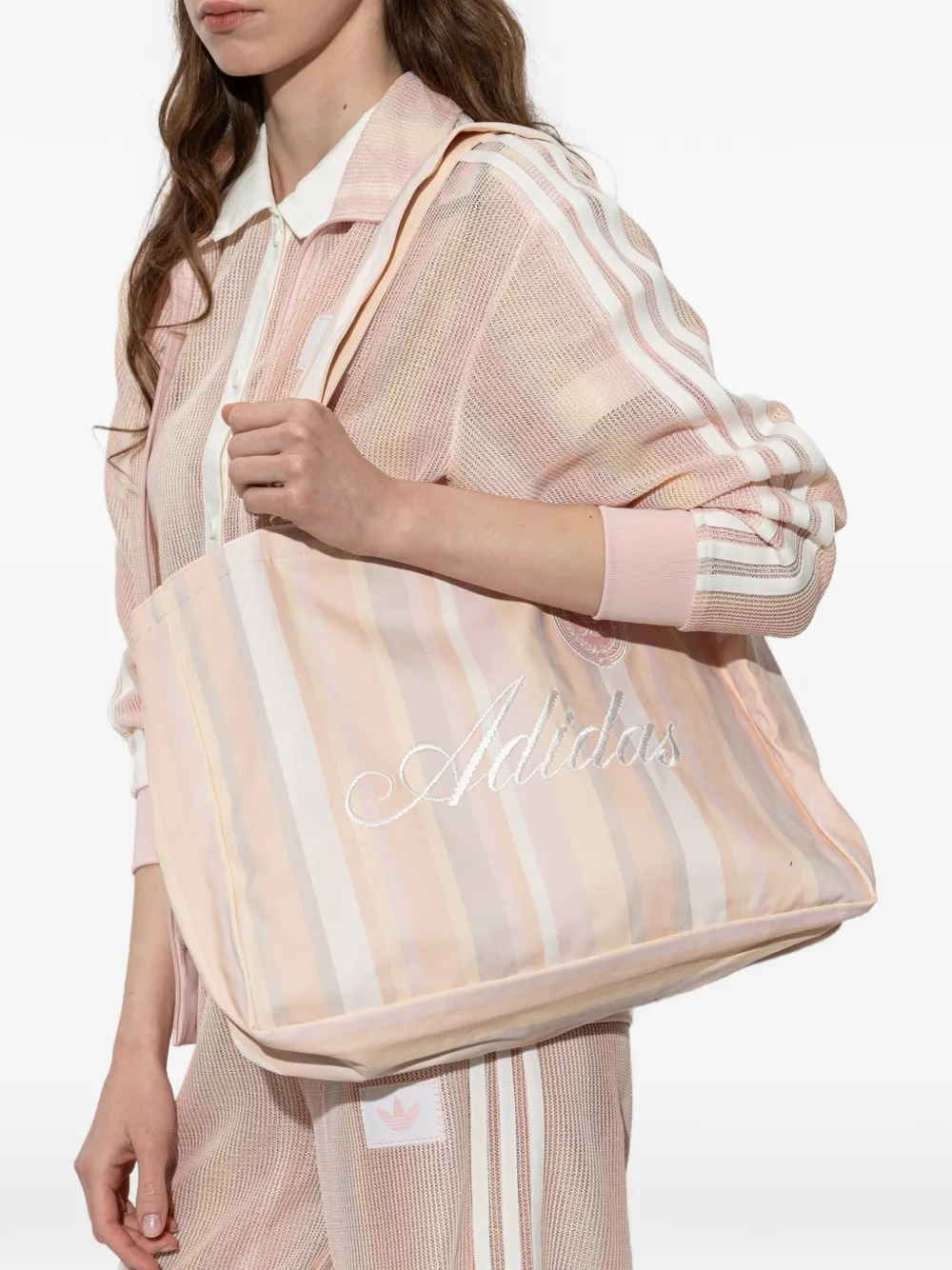 adidas striped embroidered tote bag Beige