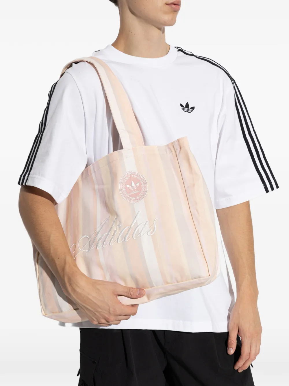 adidas striped embroidered tote bag Beige