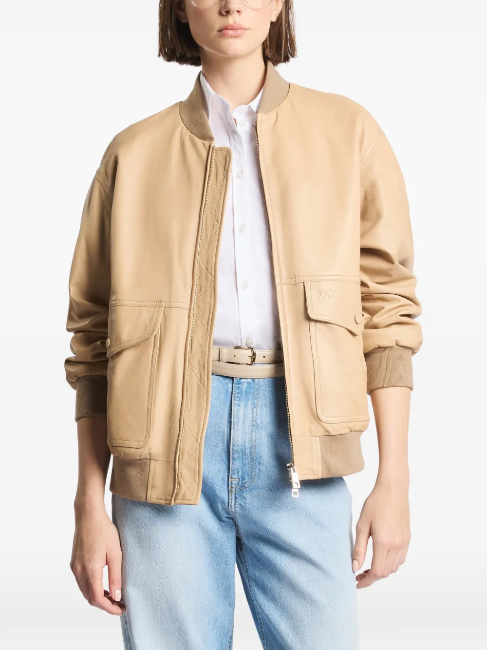 Fay Leren bomberjack Beige