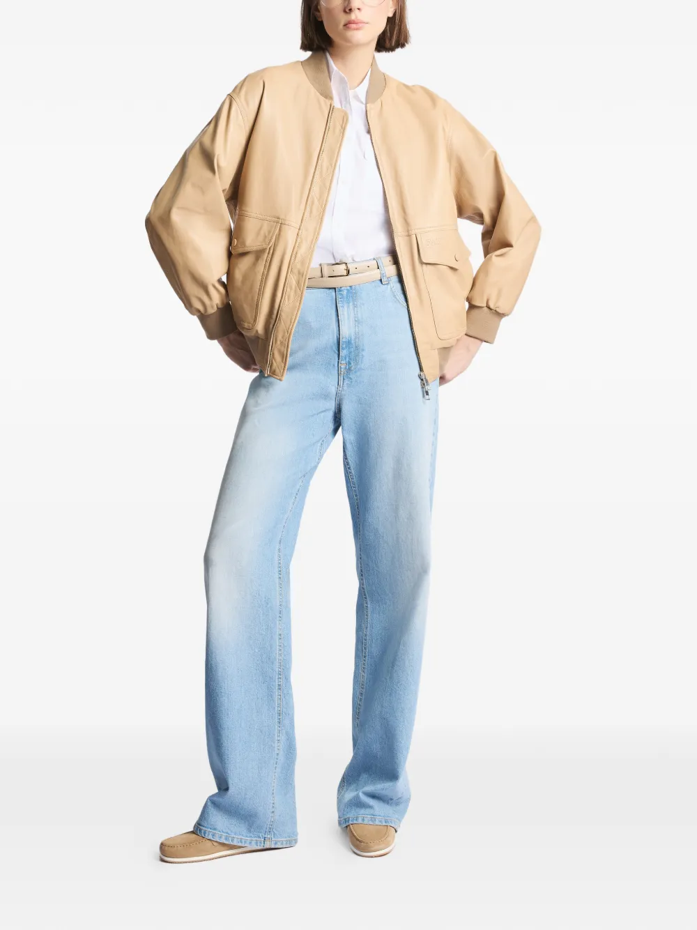 Fay Leren bomberjack Beige