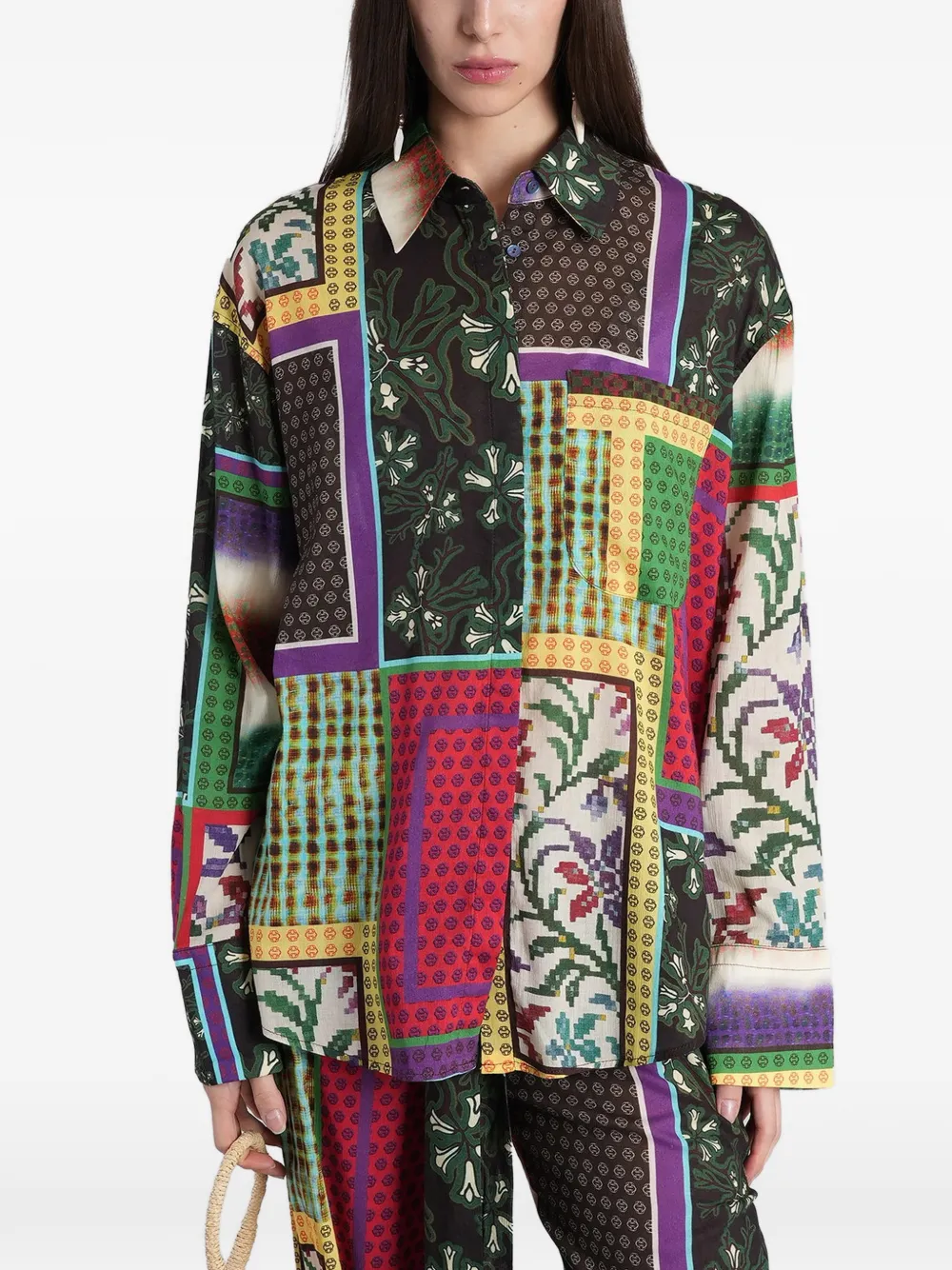 SIEDRES patchwork-print long-sleeve shirt - Nero