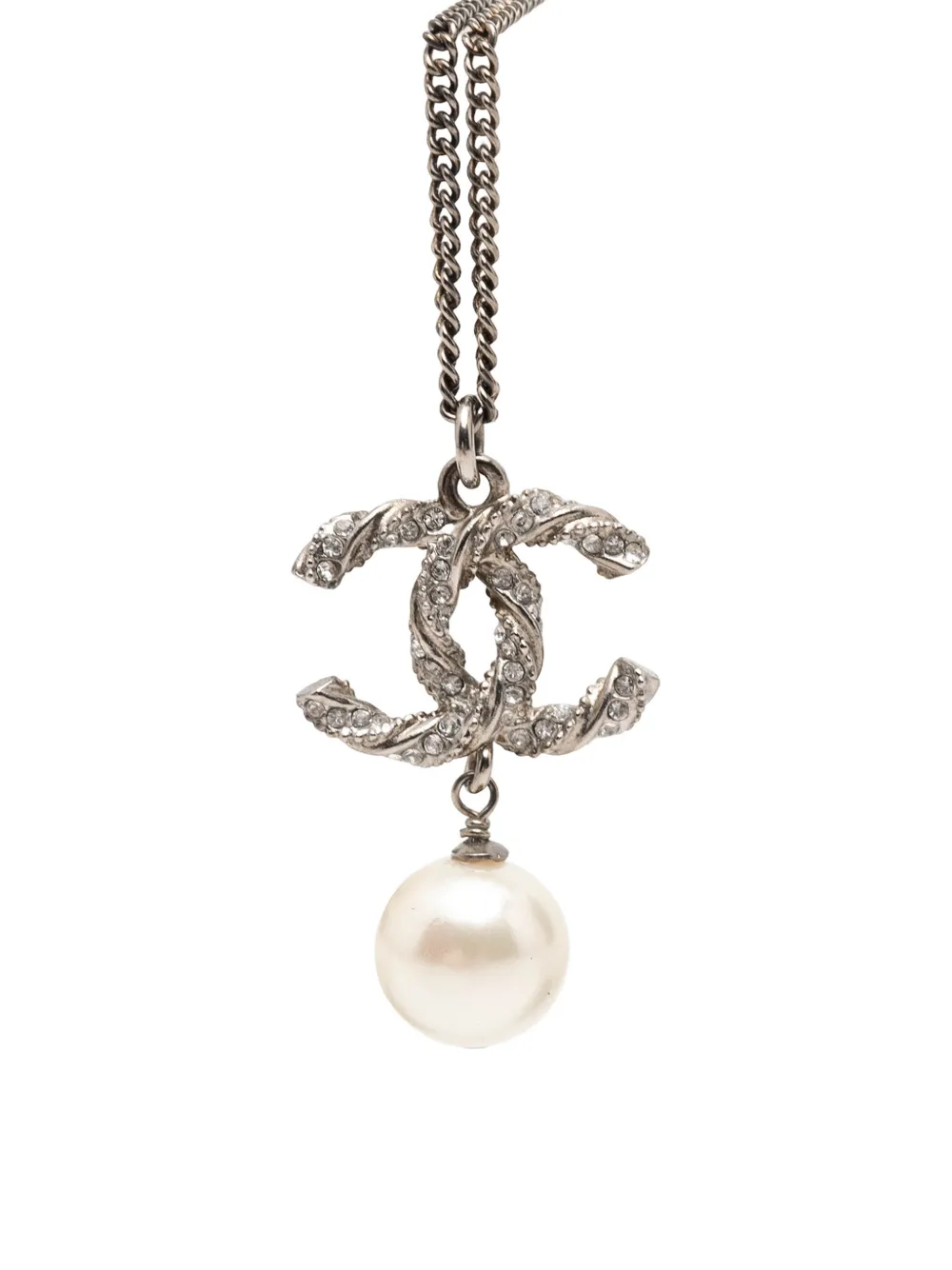 CHANEL Pre-Owned 2014 Brass Faux Pearl and Strass Twisted CC Pendant Necklace costume necklace - Silver
