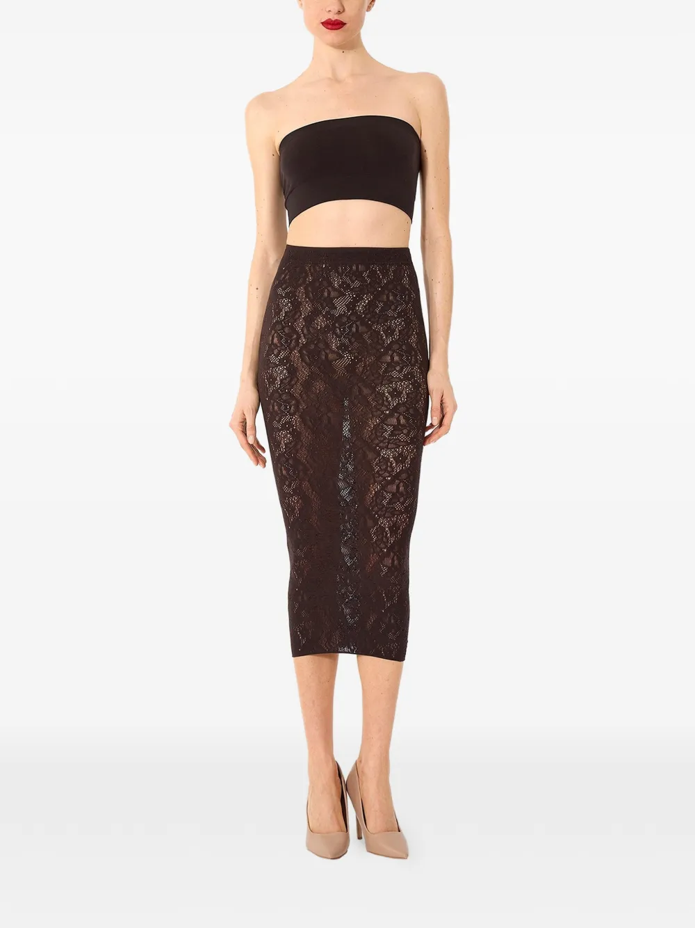 Wolford Infinite Rose midi-rok met kant Bruin