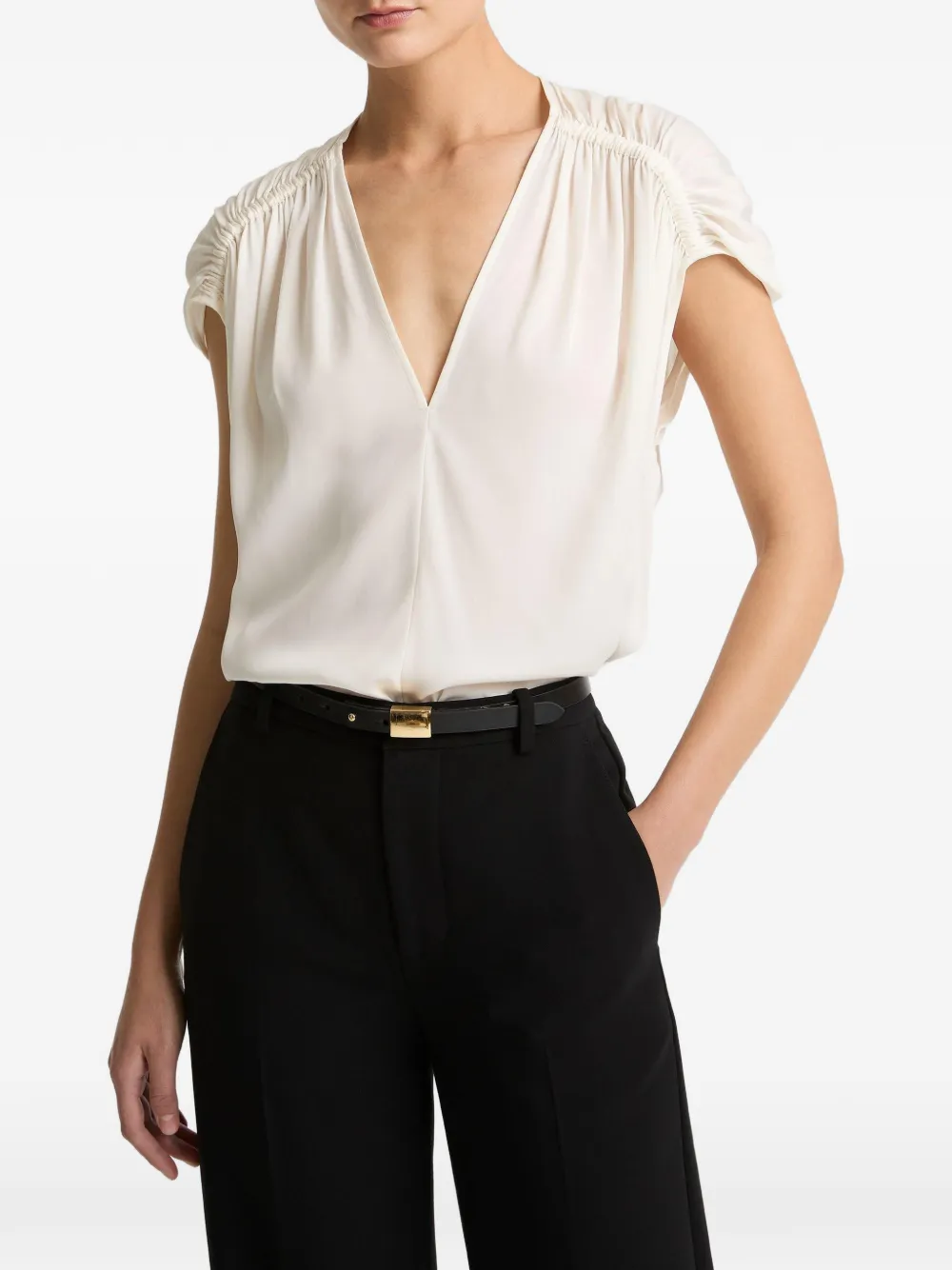 Vince Ruched Cap-sleeve Blouse In White