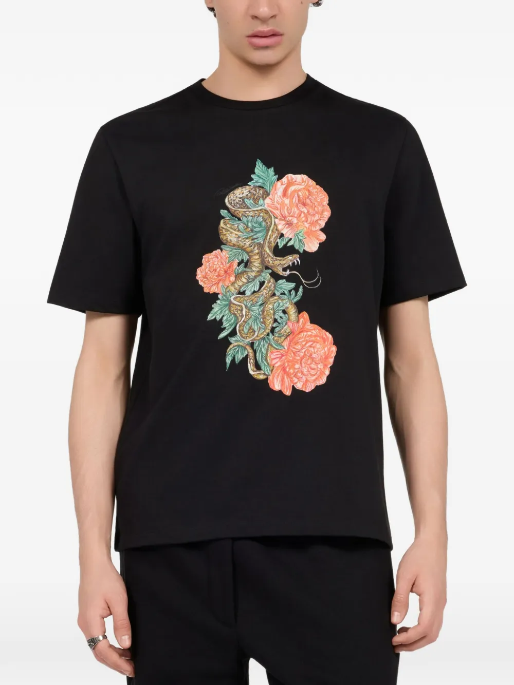 Roberto Cavalli snake floral-print T-shirt Zwart