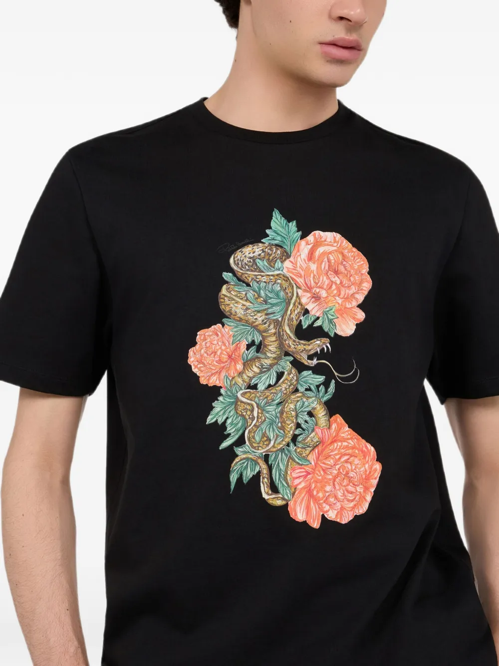 Roberto Cavalli snake floral-print T-shirt Zwart