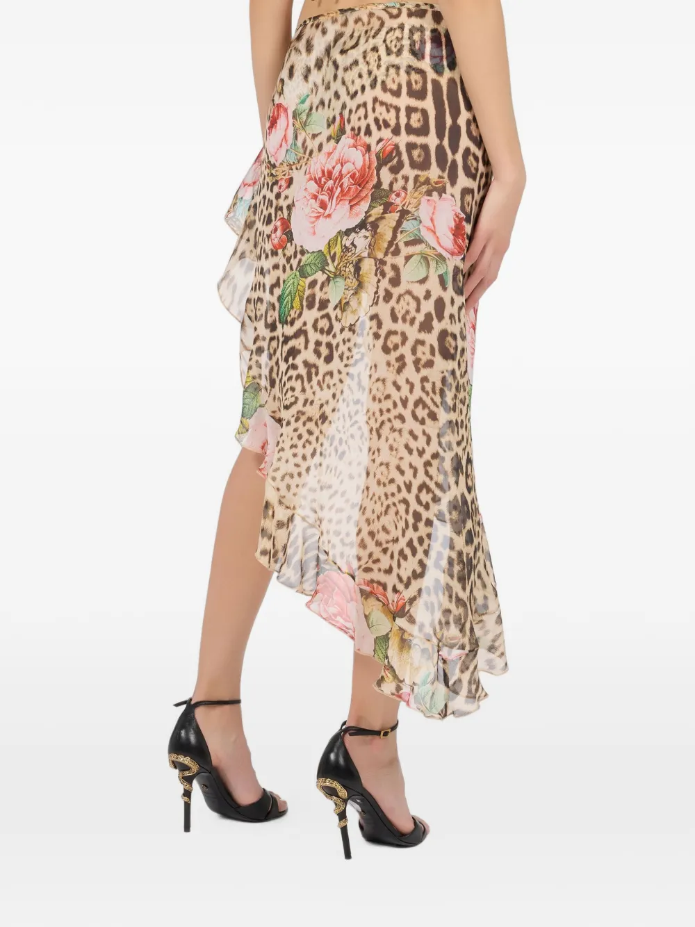 Roberto Cavalli Midi-rok met luipaardprint en ruches Beige