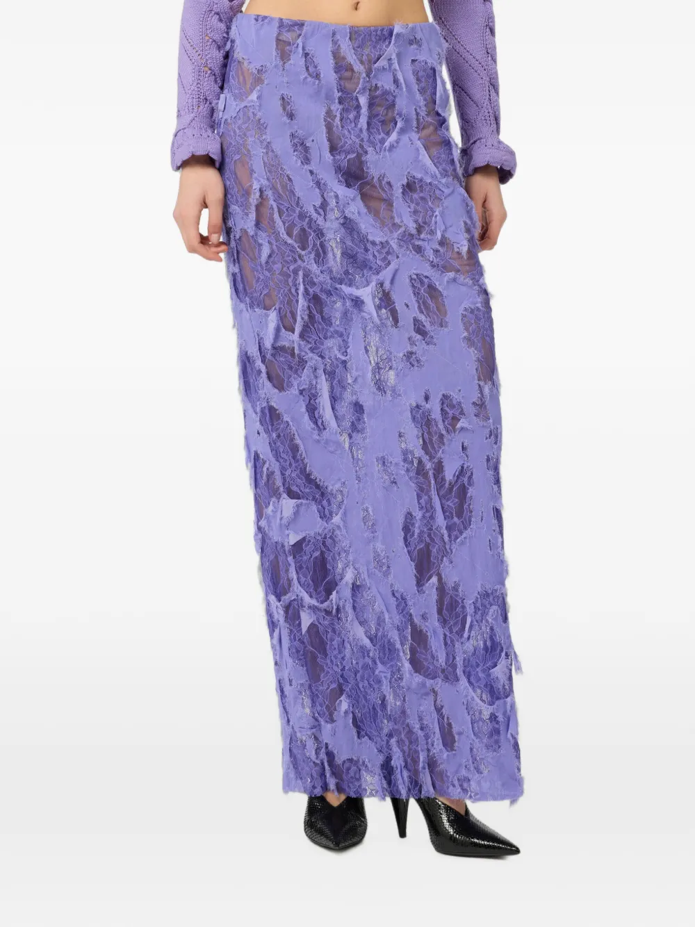 Roberto Cavalli Gerafelde maxi-rok met kanten vlakken Paars