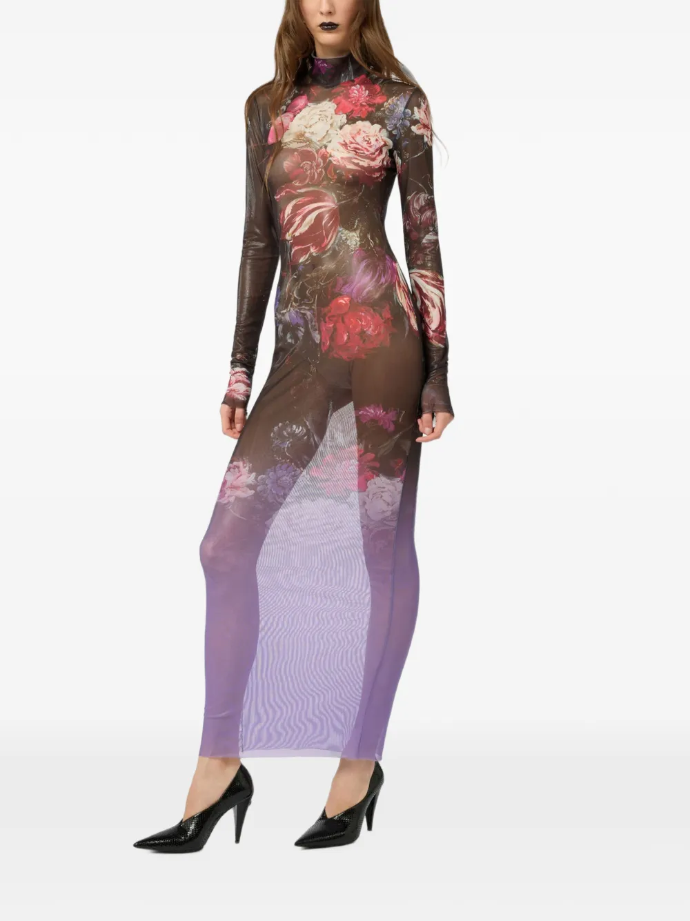 Roberto Cavalli Maxi-jurk met bloemenprint en hoge hals Zwart