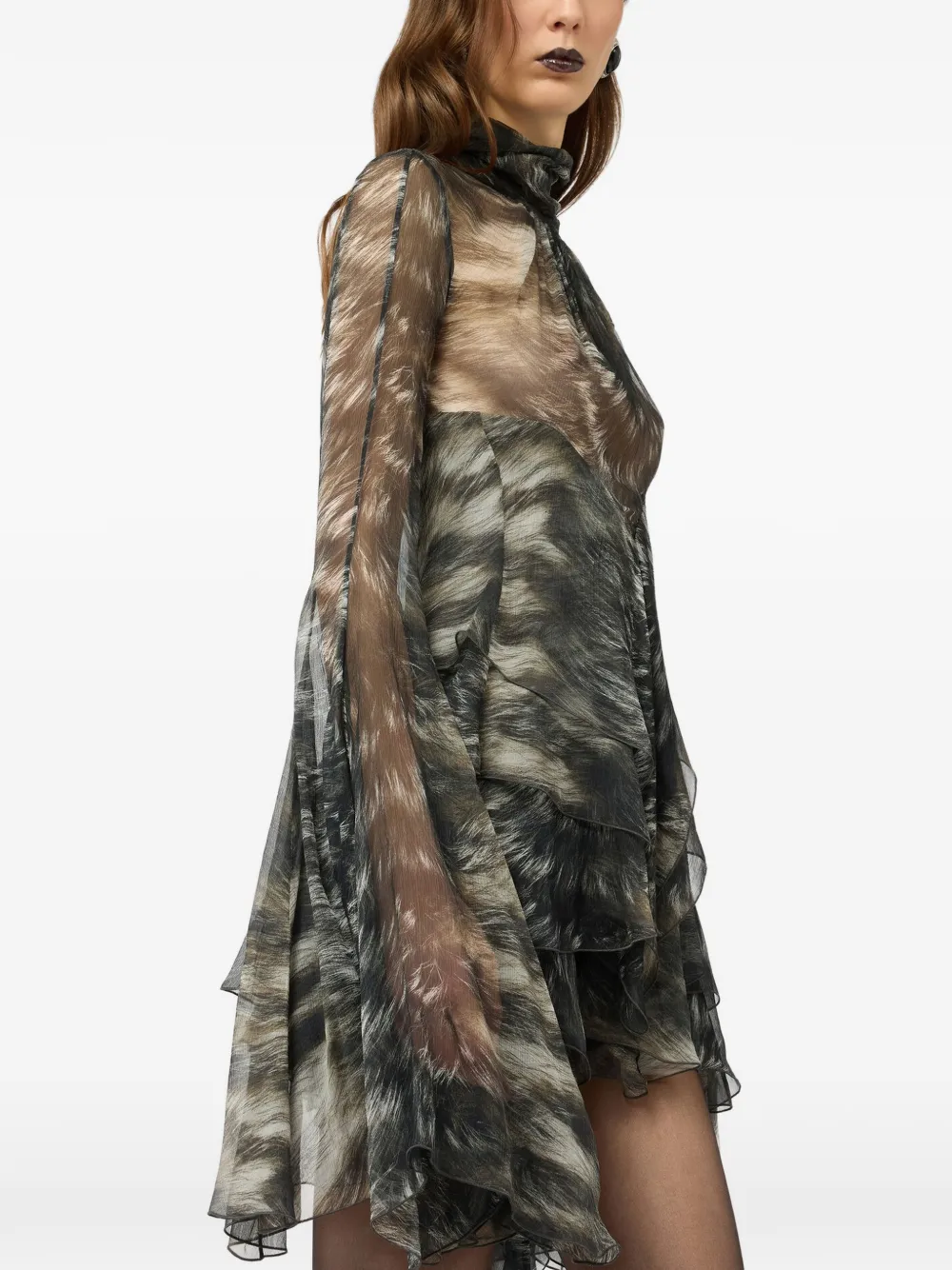 Roberto Cavalli Mini-jurk met ruches en bont-print Grijs