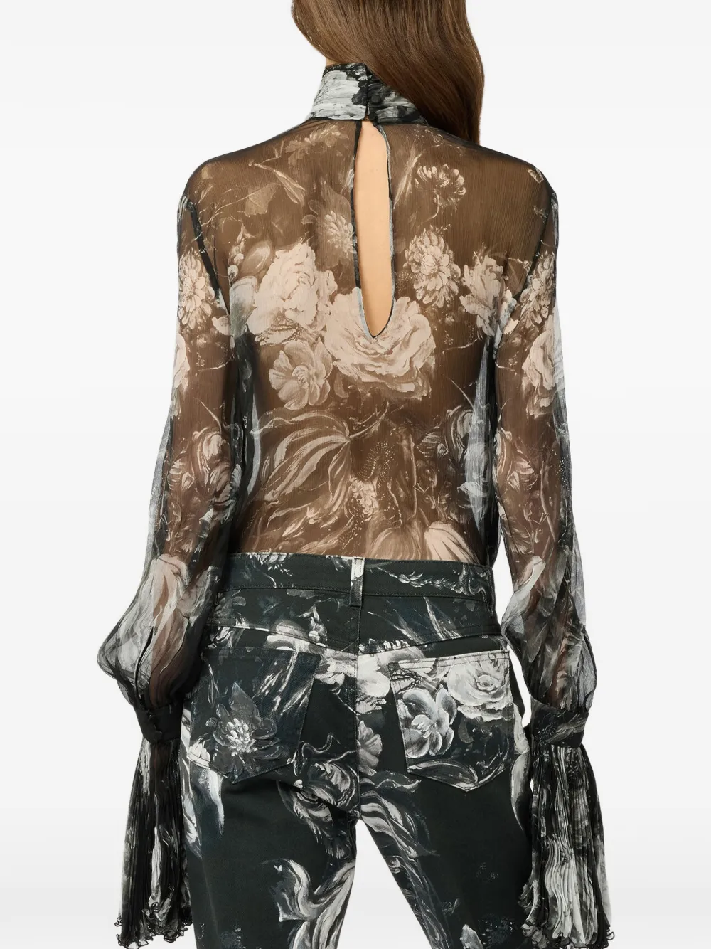 Roberto Cavalli Blouse met bloemenprint van zijde-chiffon Zwart