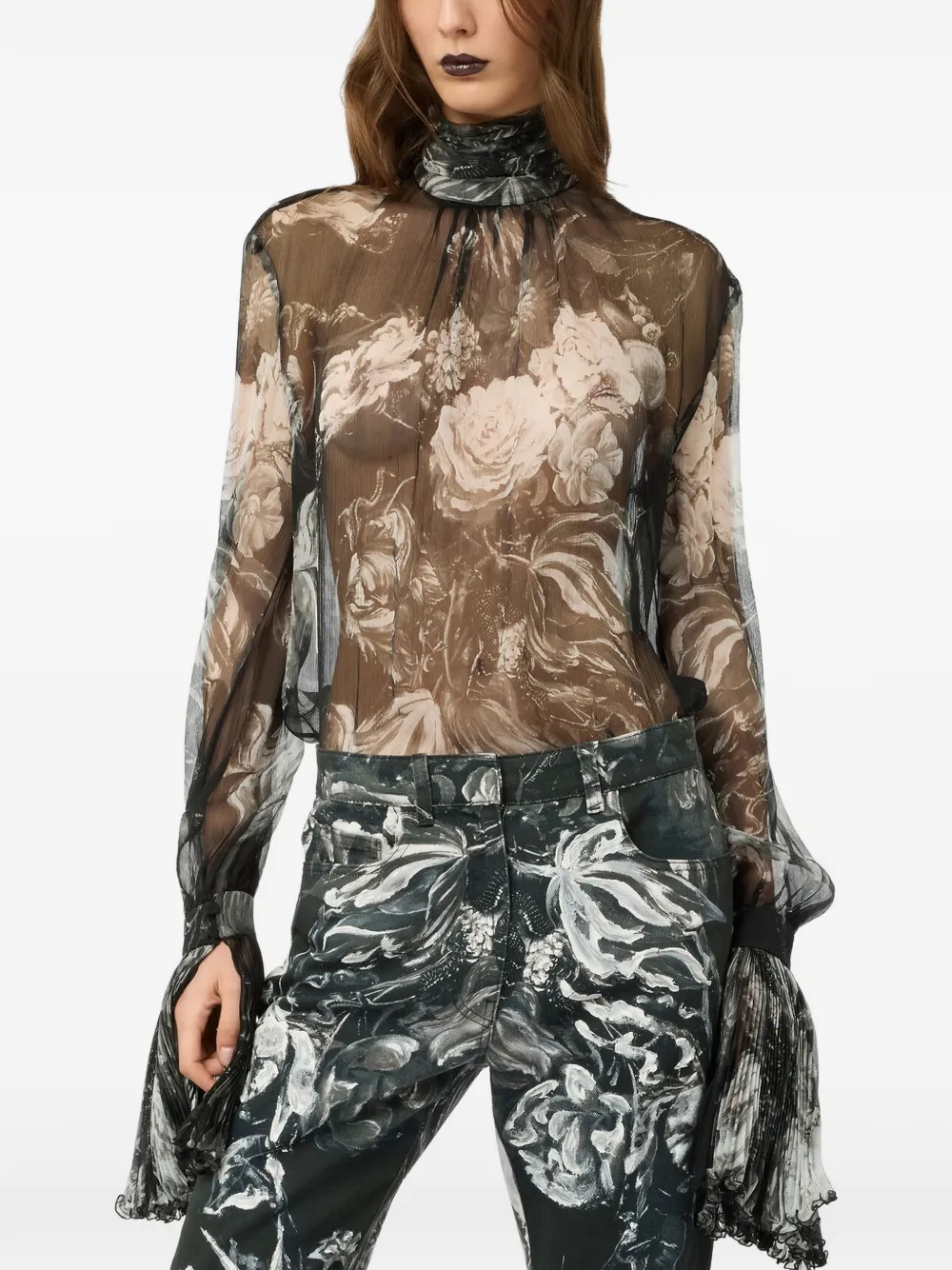 Roberto Cavalli Blouse met bloemenprint van zijde-chiffon Zwart