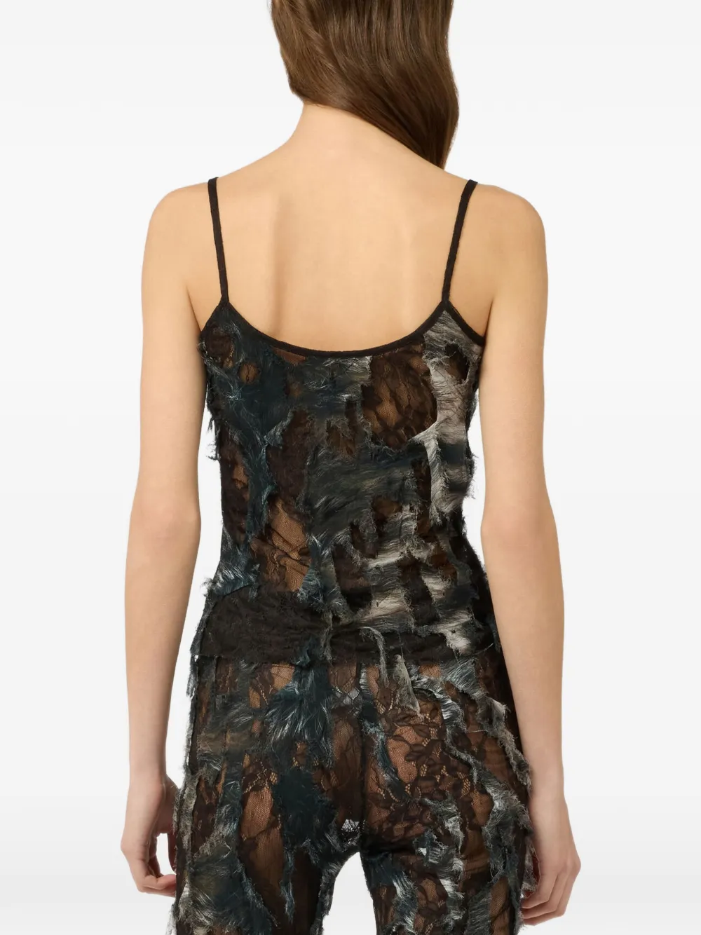 Roberto Cavalli Top van imitatiebont met kanten vlakken Zwart