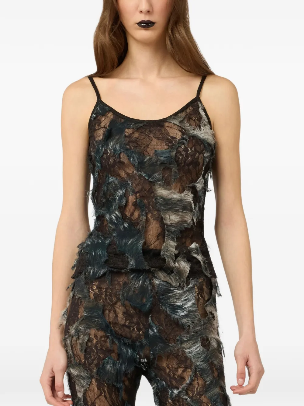 Roberto Cavalli Top van imitatiebont met kanten vlakken Zwart