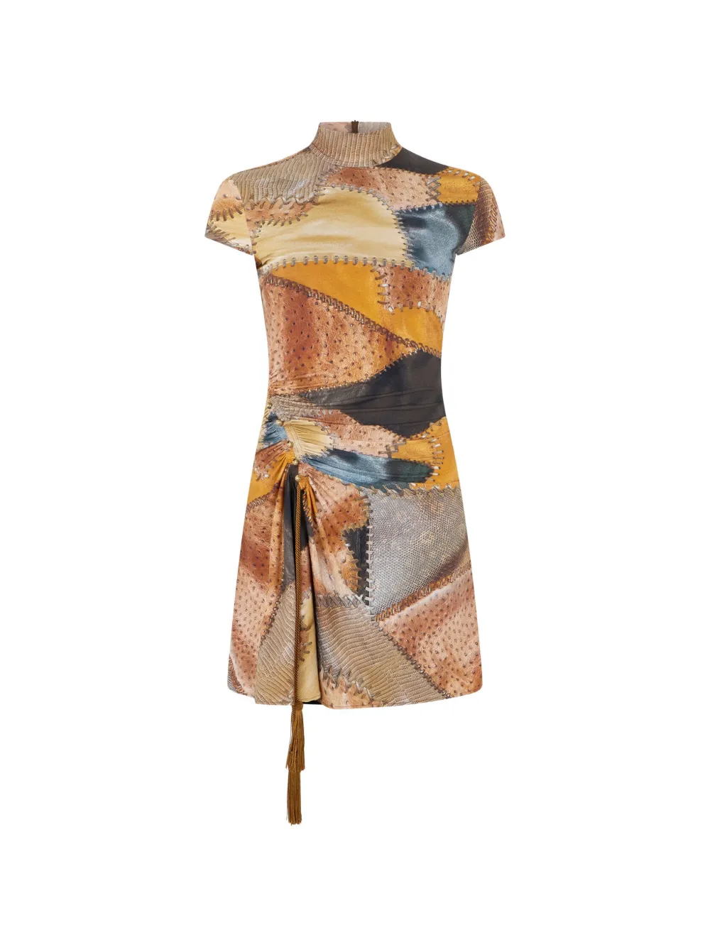 Roberto Cavalli patchwork-print tassel-detail mini dress - Neutrals