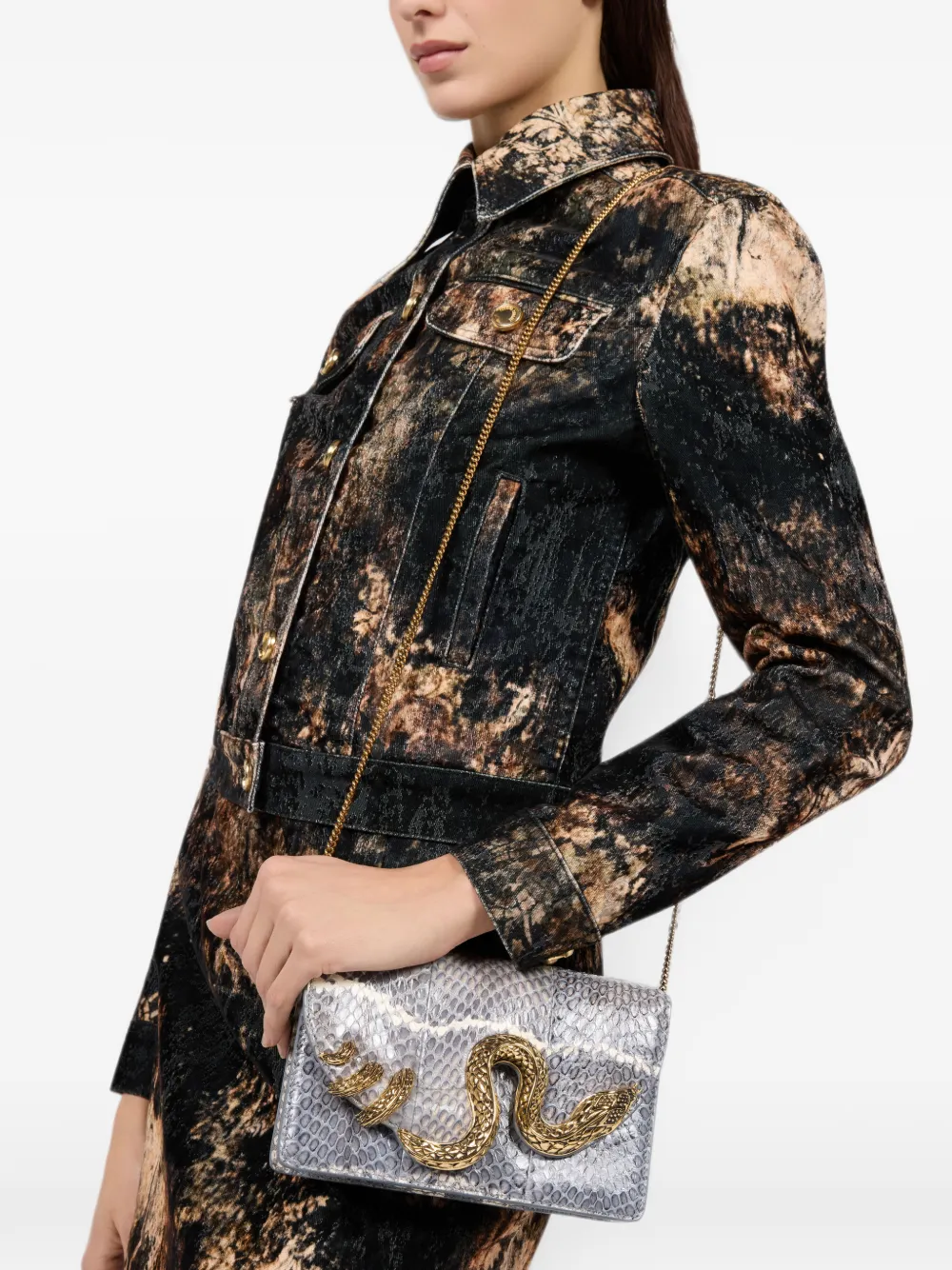 Roberto Cavalli Leren clutch met slangenpatroon Grijs