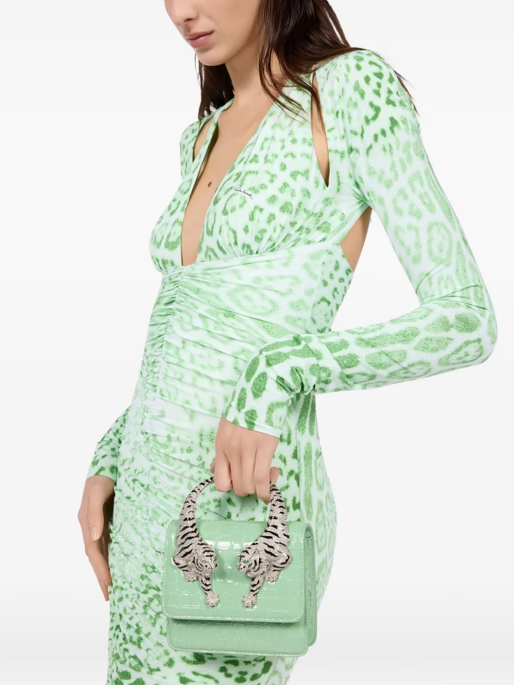 Roberto Cavalli Clutch met krokodillen-reliëf en tijgerhandgreep Groen