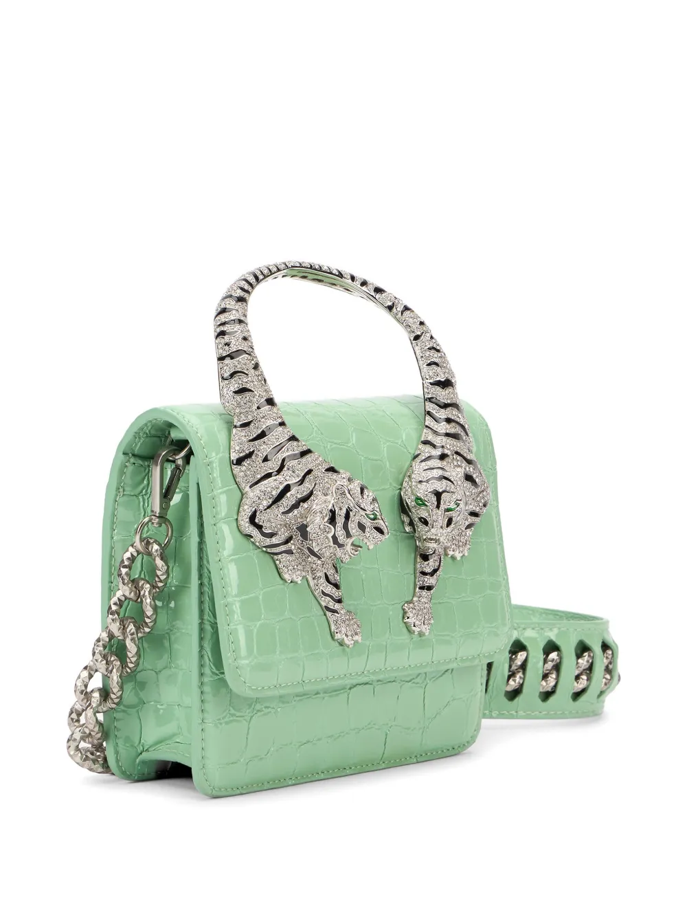 Roberto Cavalli Clutch met krokodillen-reliëf en tijgerhandgreep Groen