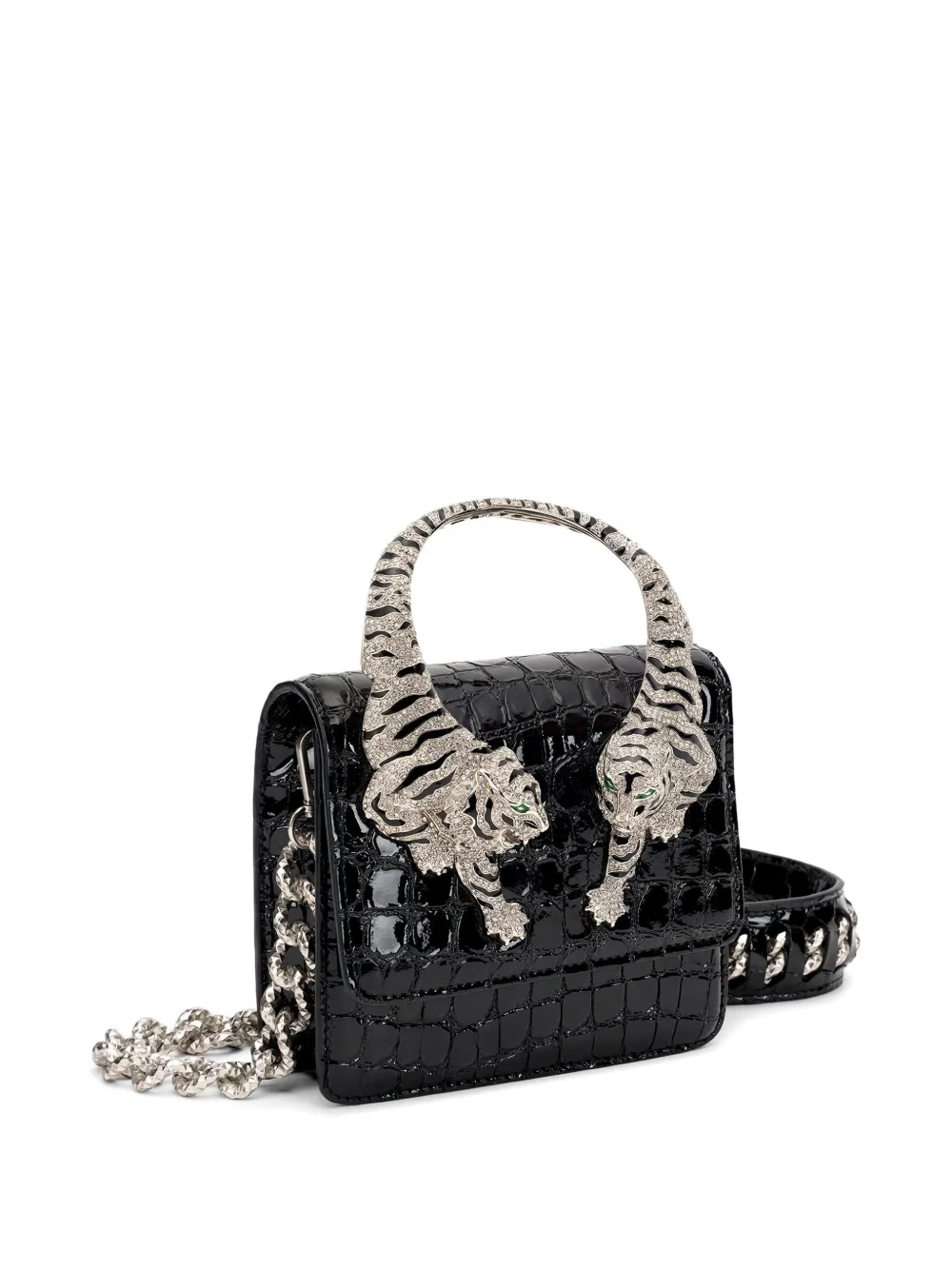 Roberto Cavalli Clutch met krokodillen-reliëf en tijger-handgreep Zwart