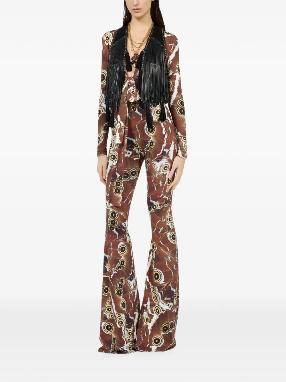 Roberto Cavalli Jumpsuit met vlinderprint en flared zoom Bruin