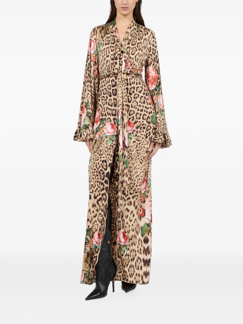 Roberto Cavalli Maxi-jurk met luipaardprint en bloemenprint Beige