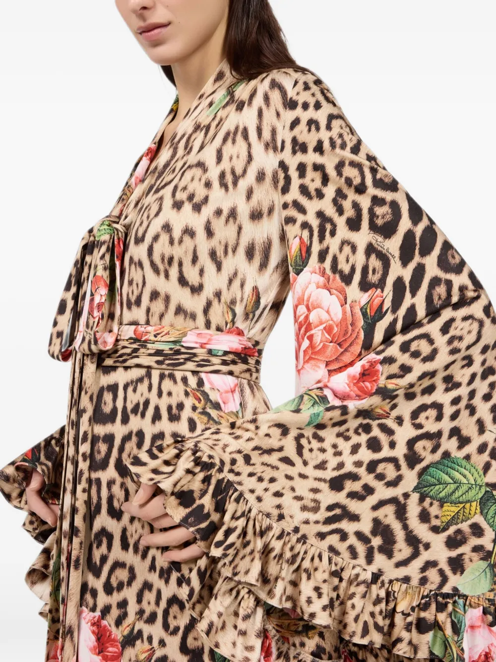 Roberto Cavalli Maxi-jurk met luipaardprint en bloemenprint Beige