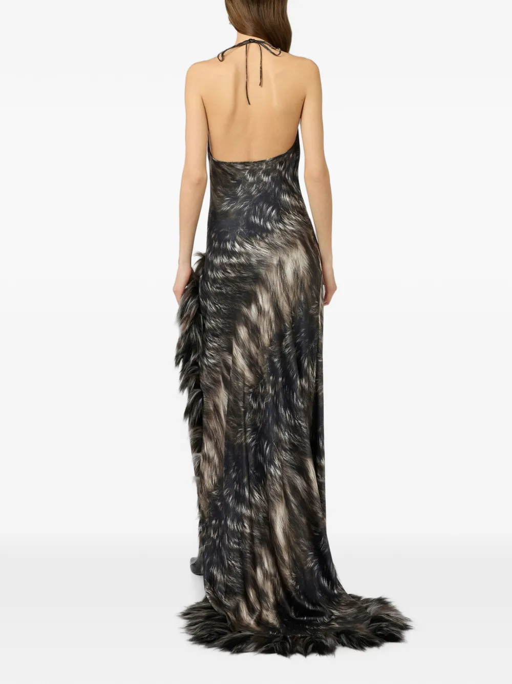 Roberto Cavalli Maxi-jurk met halternek en bont-print Zwart