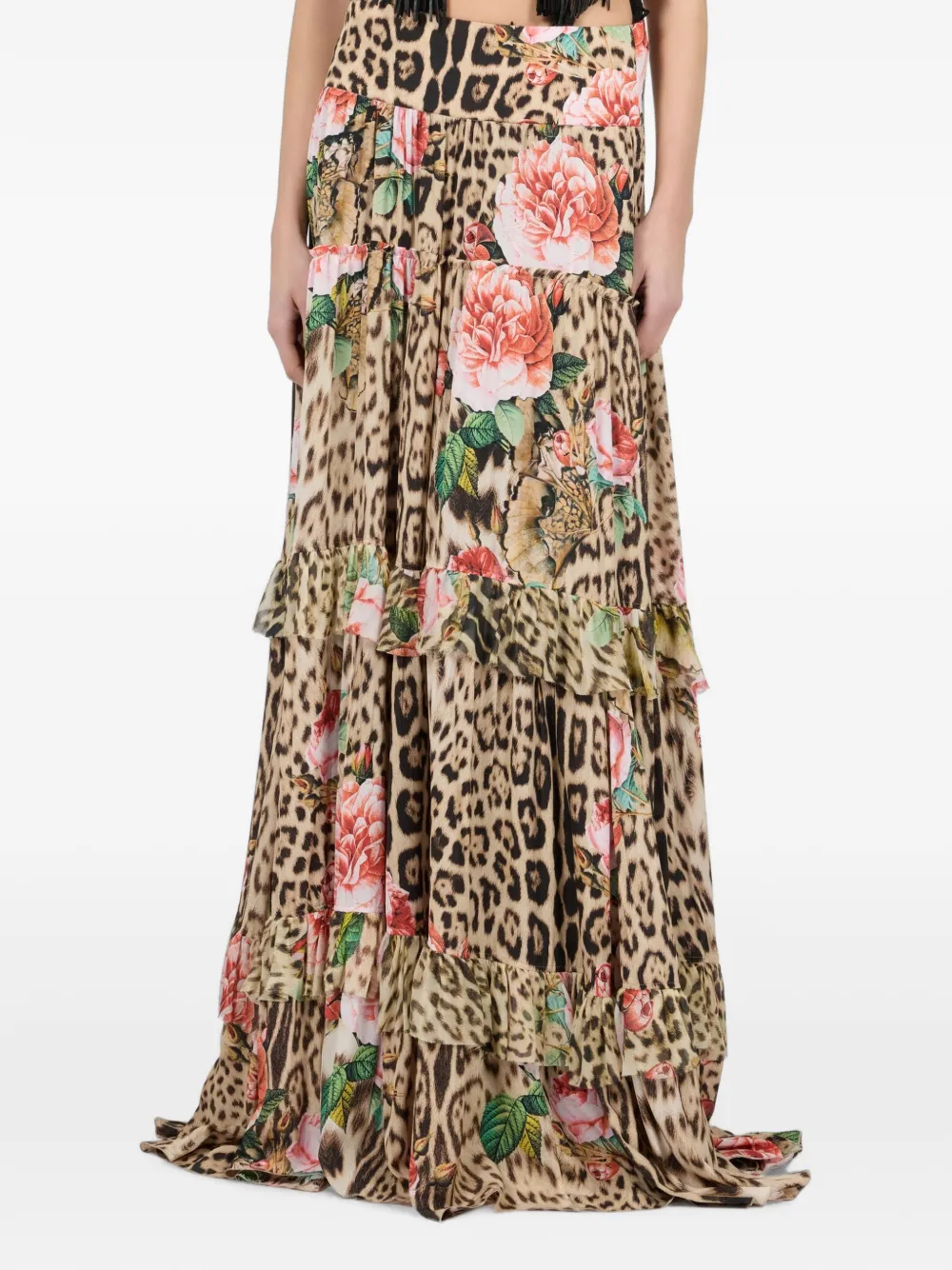 Roberto Cavalli leopard-print floral-motif maxi skirt Beige