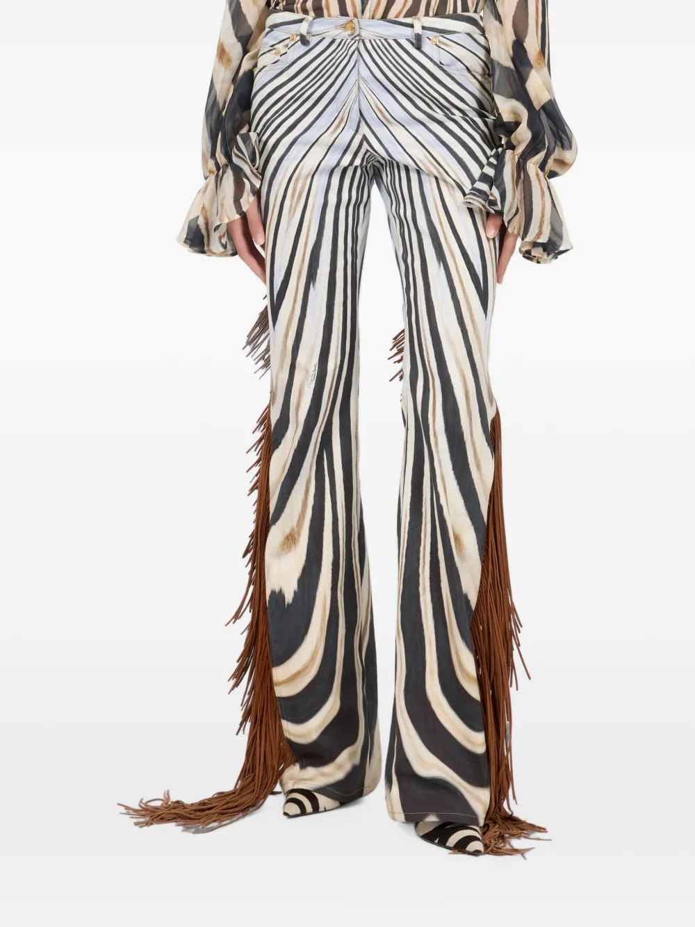 Roberto Cavalli Broek met zebraprint en franje afwerking Beige