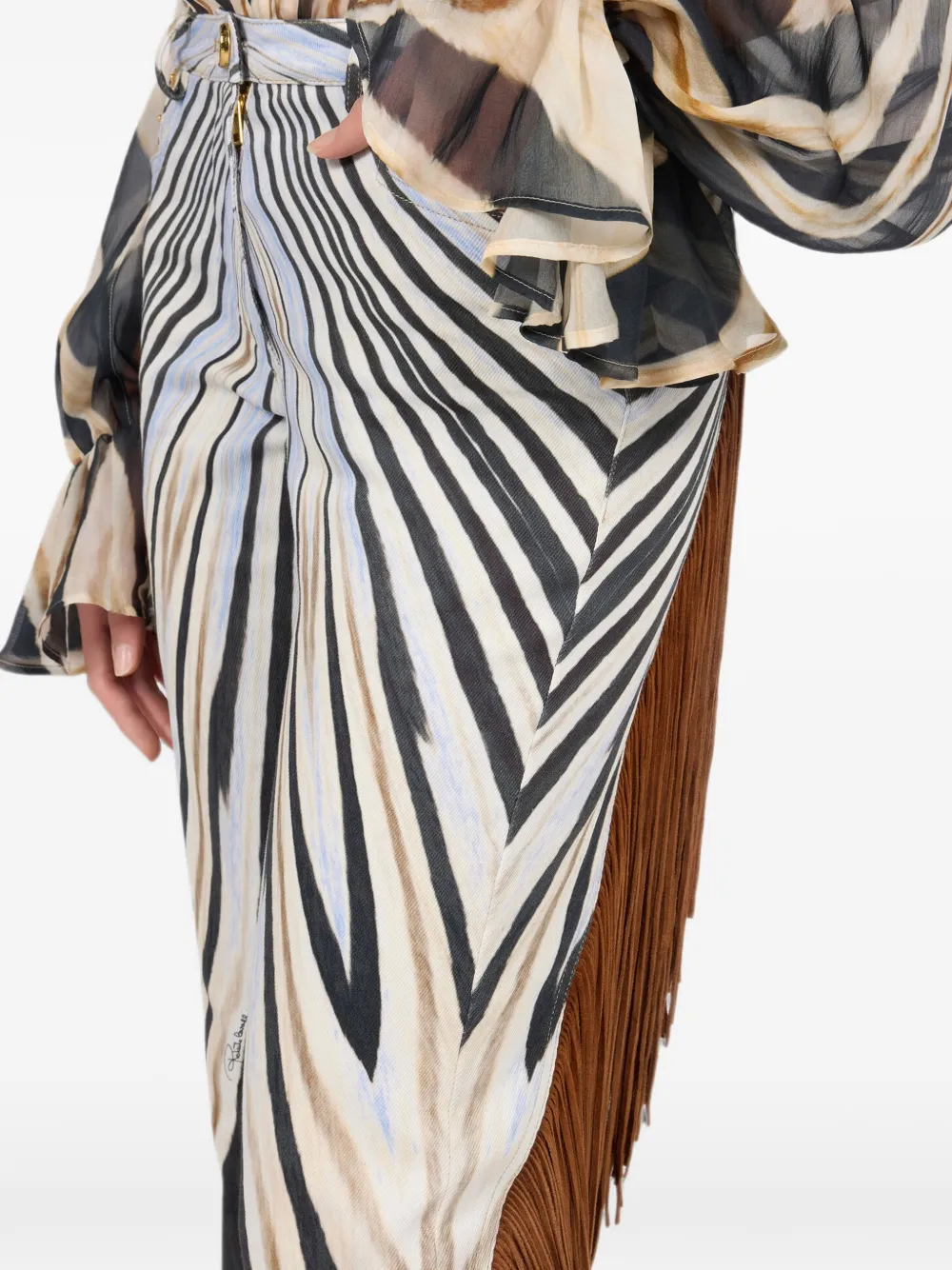 Roberto Cavalli Broek met zebraprint en franje afwerking Beige