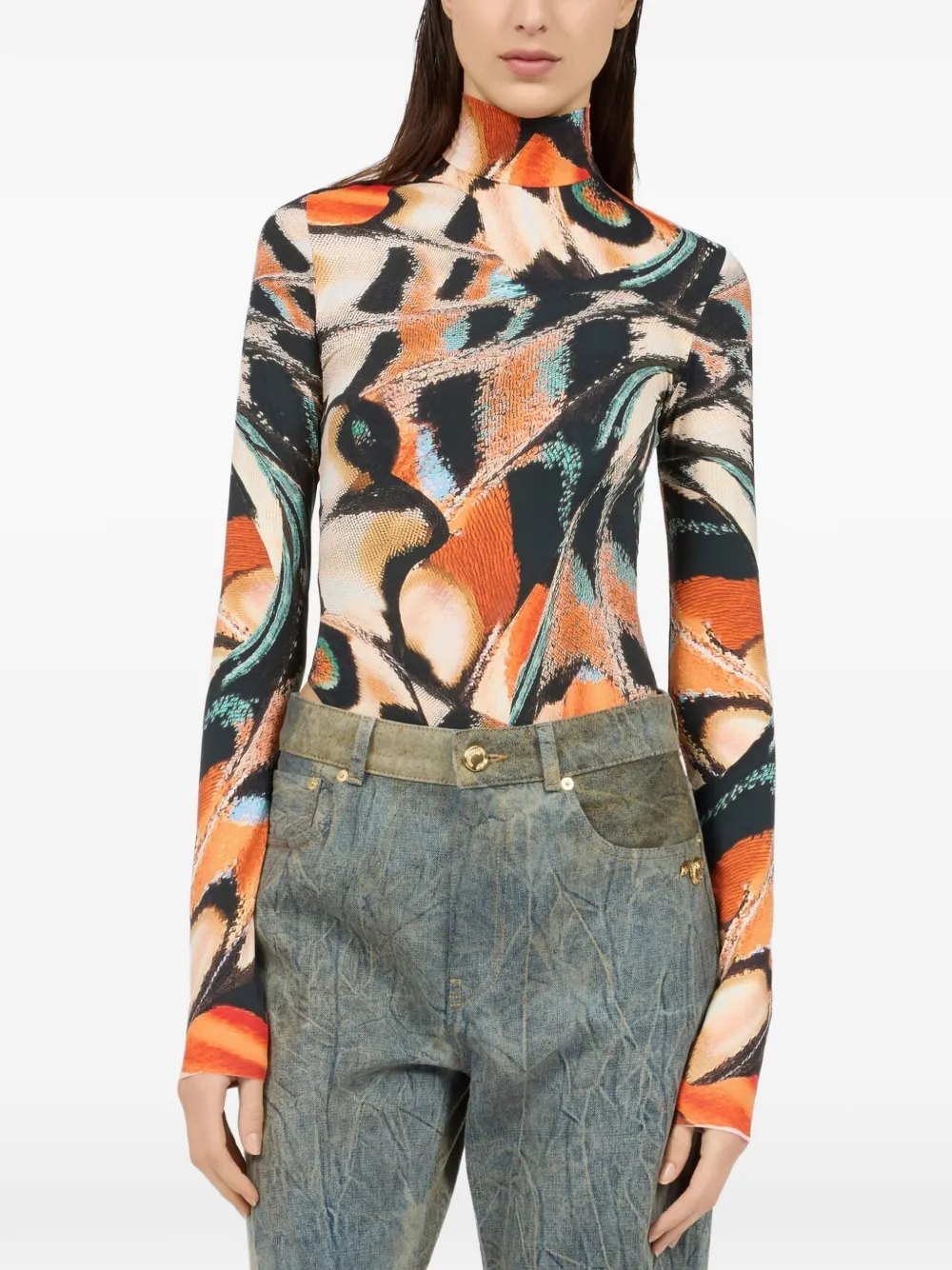 Roberto Cavalli Body met hoge hals en vlinderprint Oranje