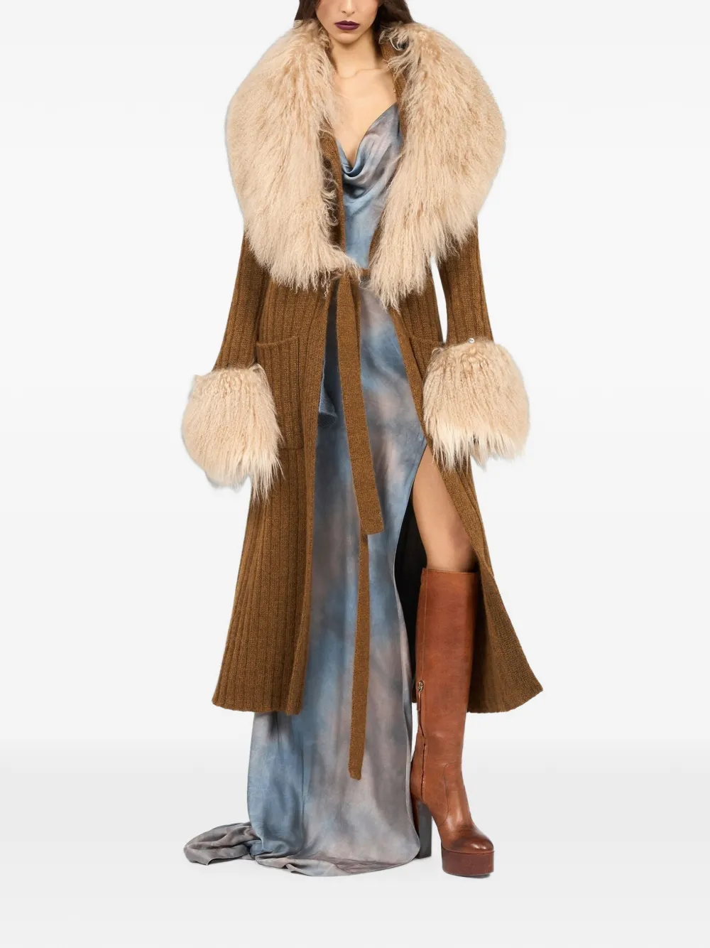 Roberto Cavalli Ribgebreide jas met lammy afwerking Bruin