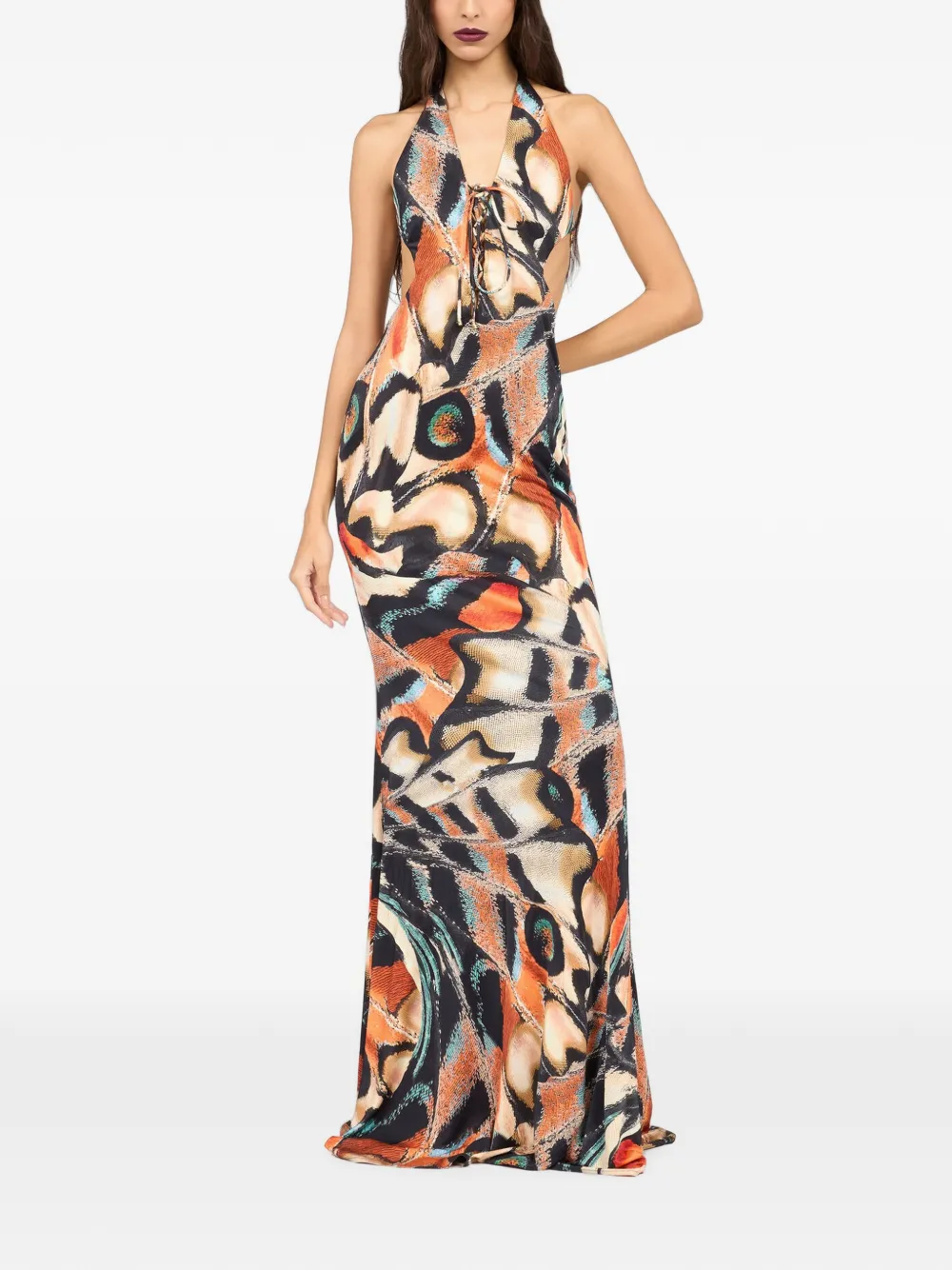 Roberto Cavalli maxi-dress met vlinderprint en veters Zwart