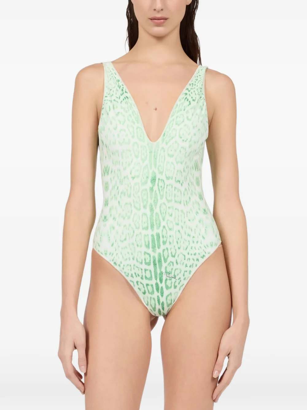 Roberto Cavalli Badpak met jaguarprint en V-hals Groen