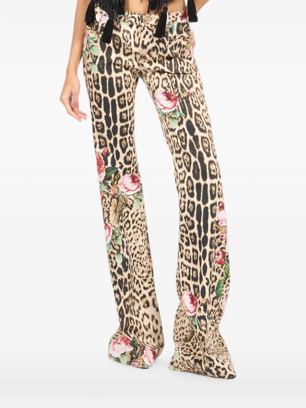Roberto Cavalli Broek met bloemenprint en jaguarprint Beige