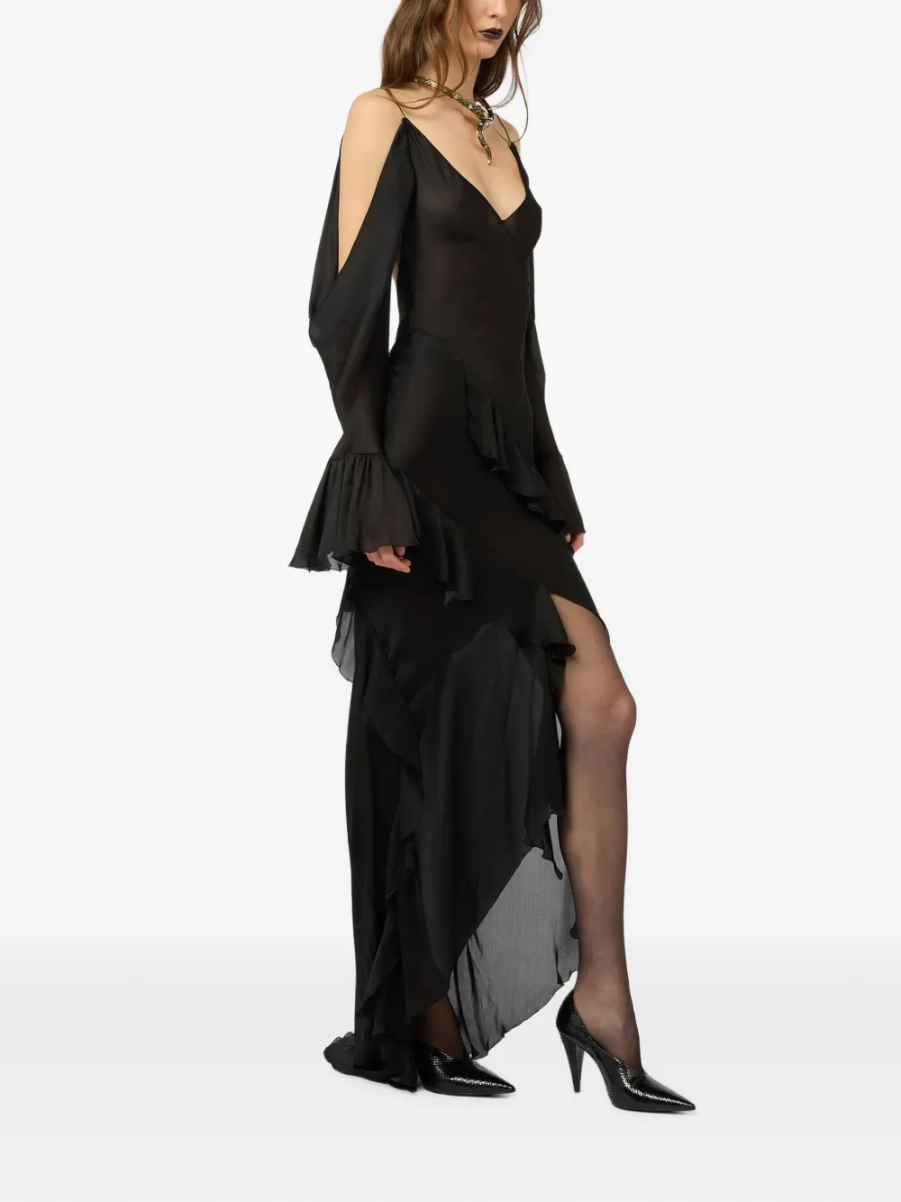 Roberto Cavalli Jurk met open schouders en ruches Zwart