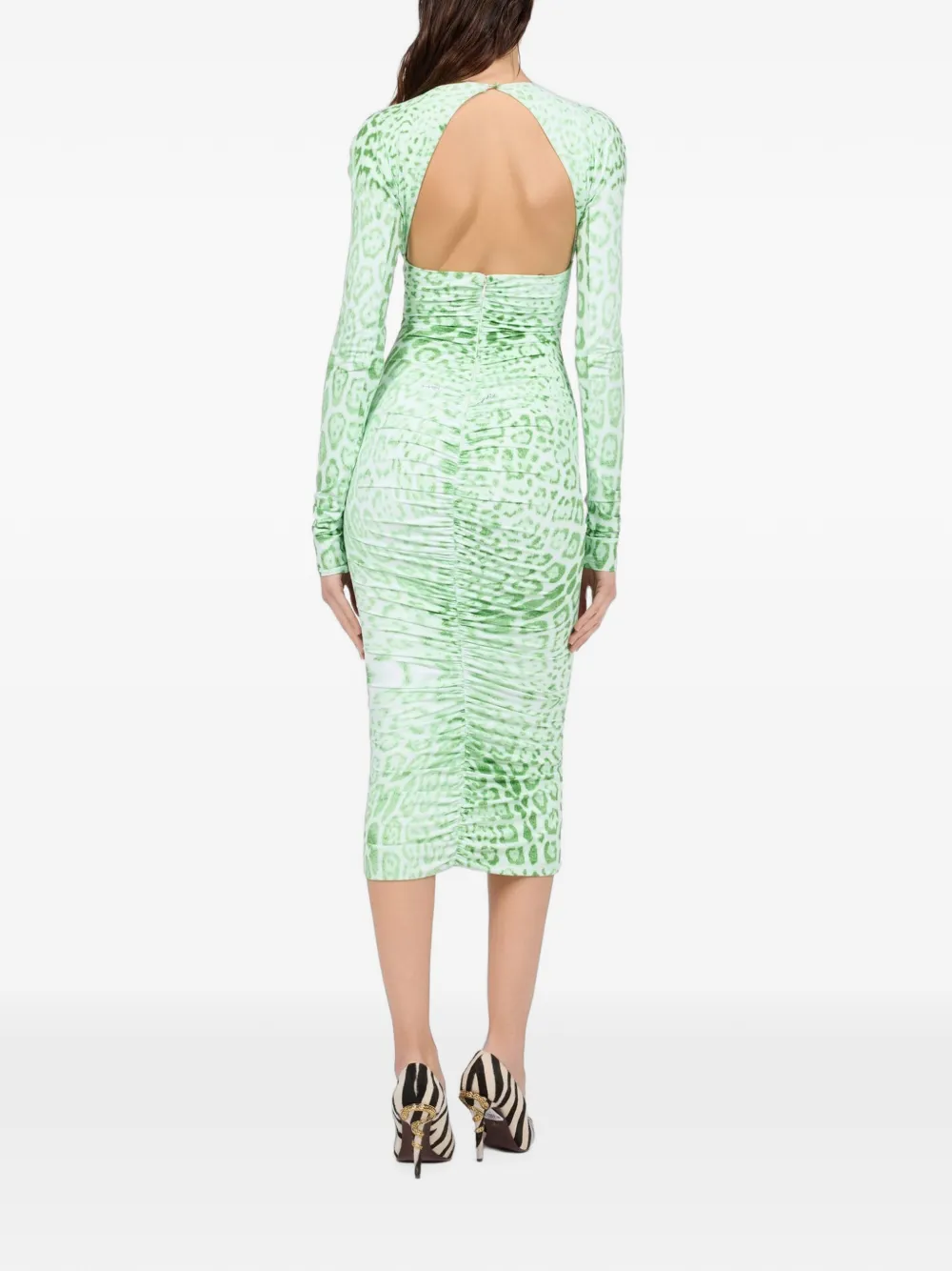 Roberto Cavalli midi-jurk met ruches en jaguarprint Groen