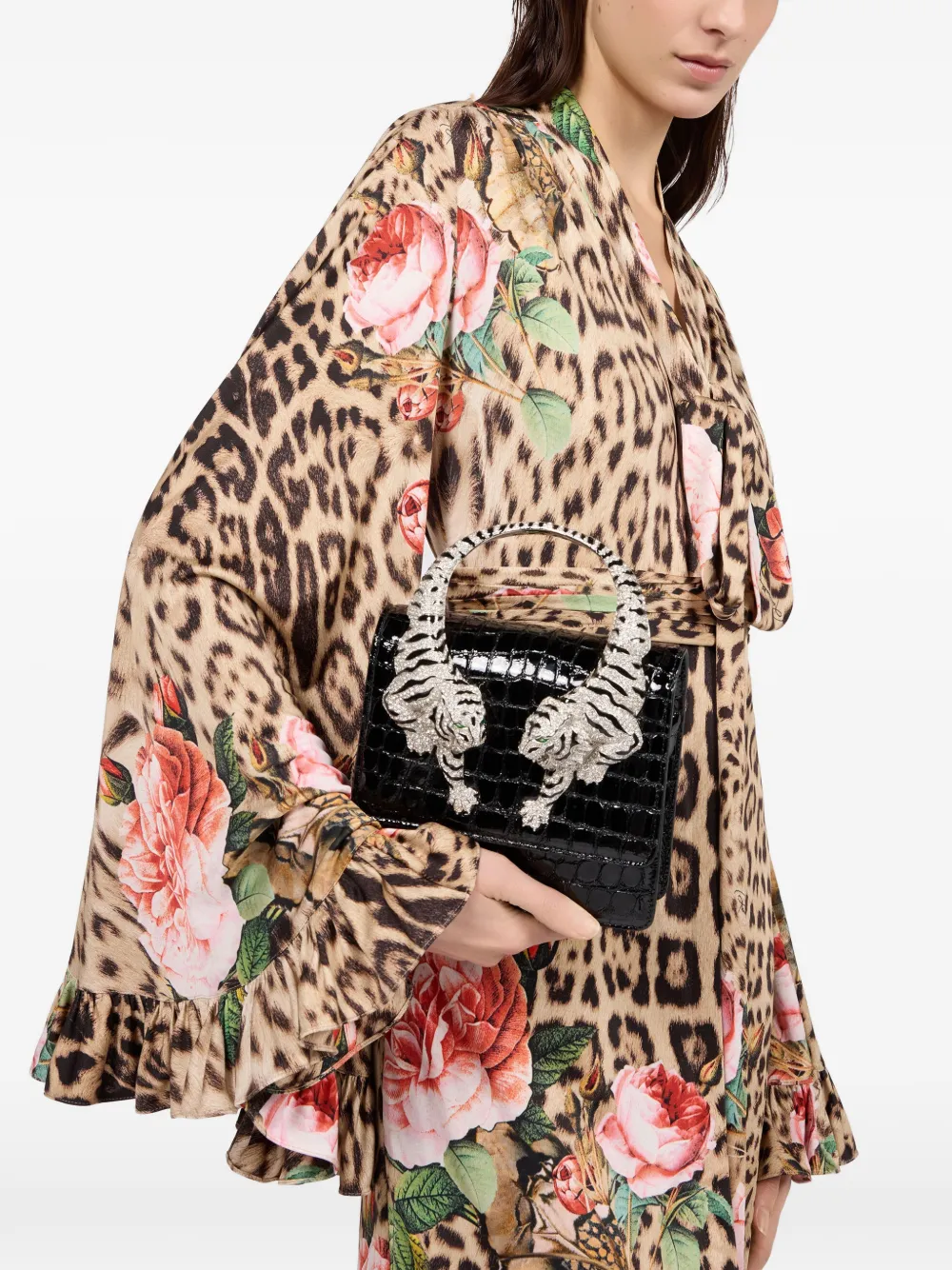 Roberto Cavalli Clutch met krokodillen-reliëf en tijger-handgreep Zwart
