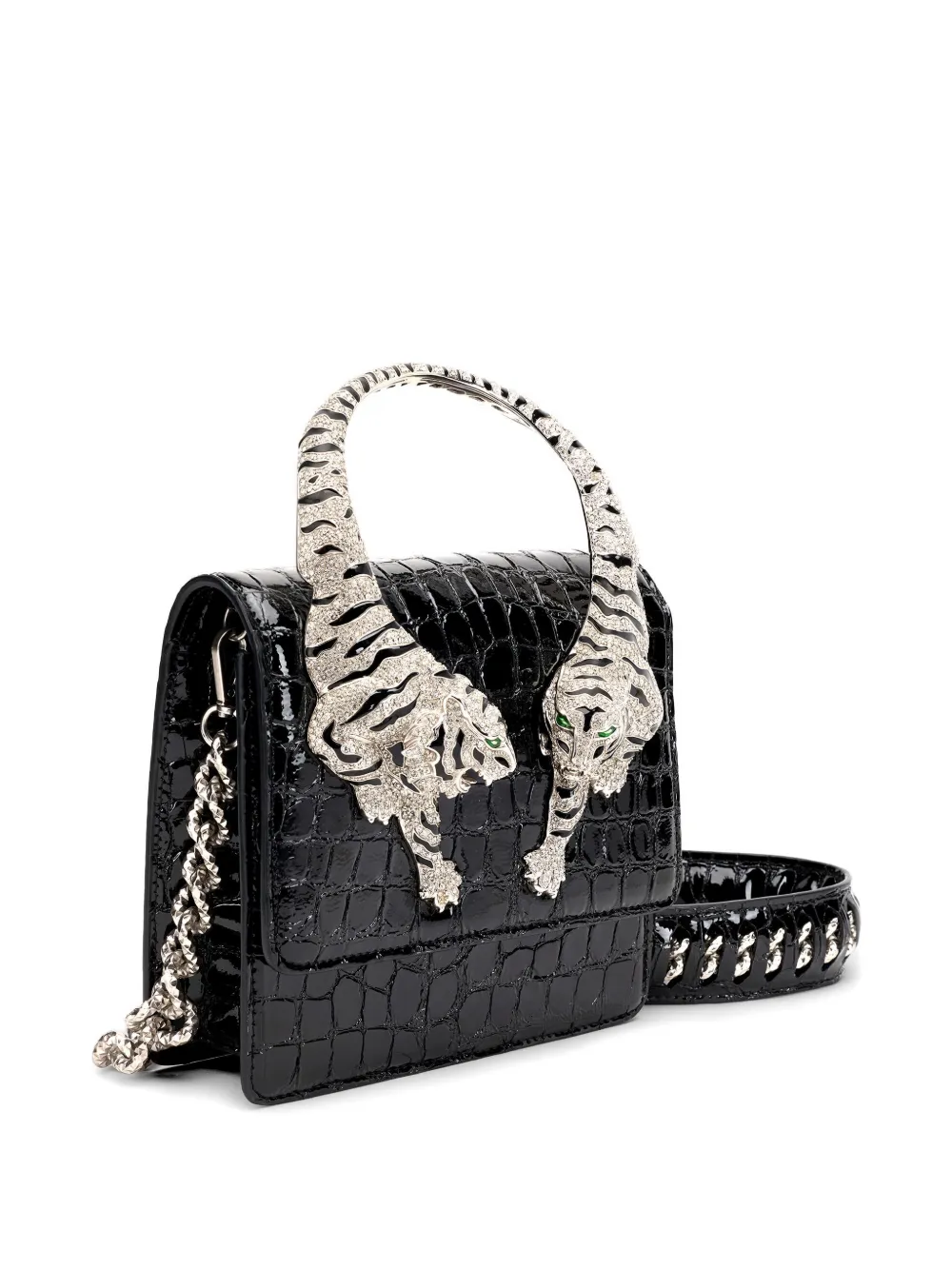 Roberto Cavalli Clutch met krokodillen-reliëf en tijger-handgreep Zwart