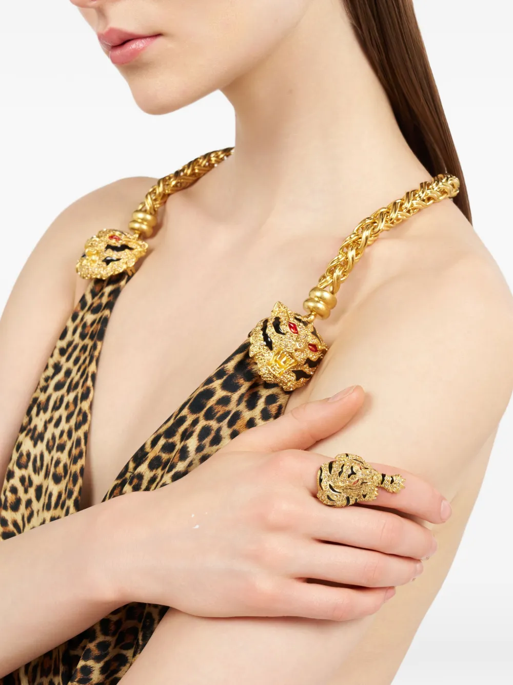 Roberto Cavalli Tiger crystal-embellished ring - Oro