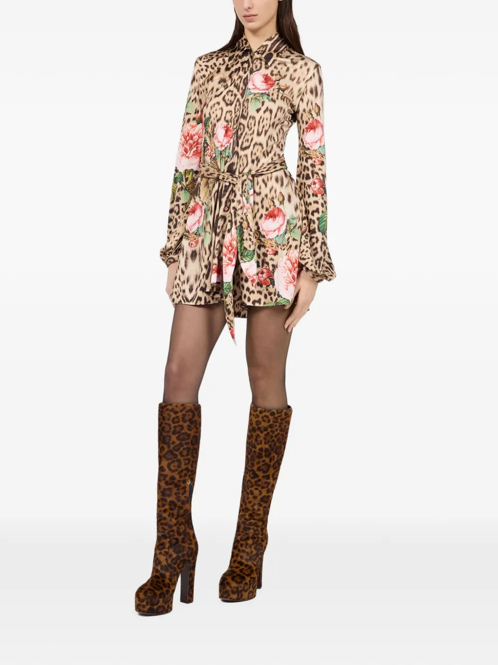 Roberto Cavalli Mini-jurk met luipaard- en bloemenprint Beige