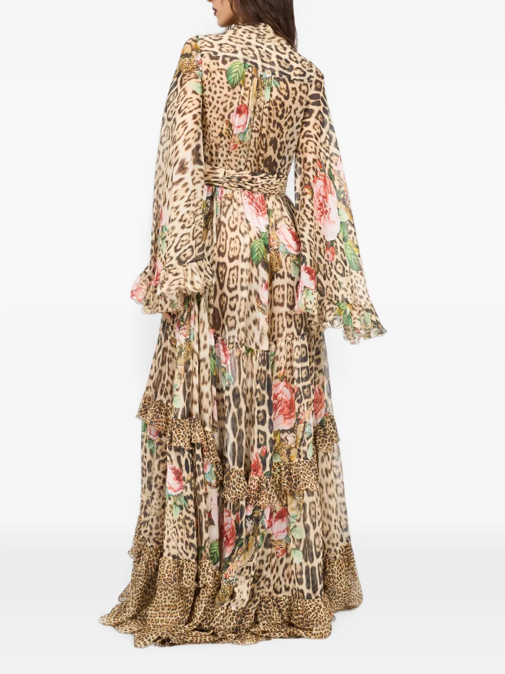 Roberto Cavalli Gelaagde maxi-jurk met jaguarprint Beige